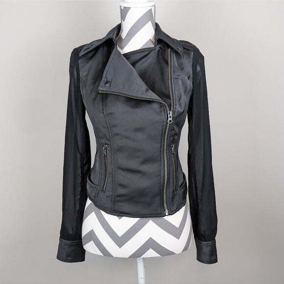 Guess Black Jacket Sheer Sleeve Satin Look Cropped Moto Extra Small XS Y2K - Picture 11 of 15